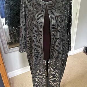 Peter Nygard Black Leather Lace Cut Duster